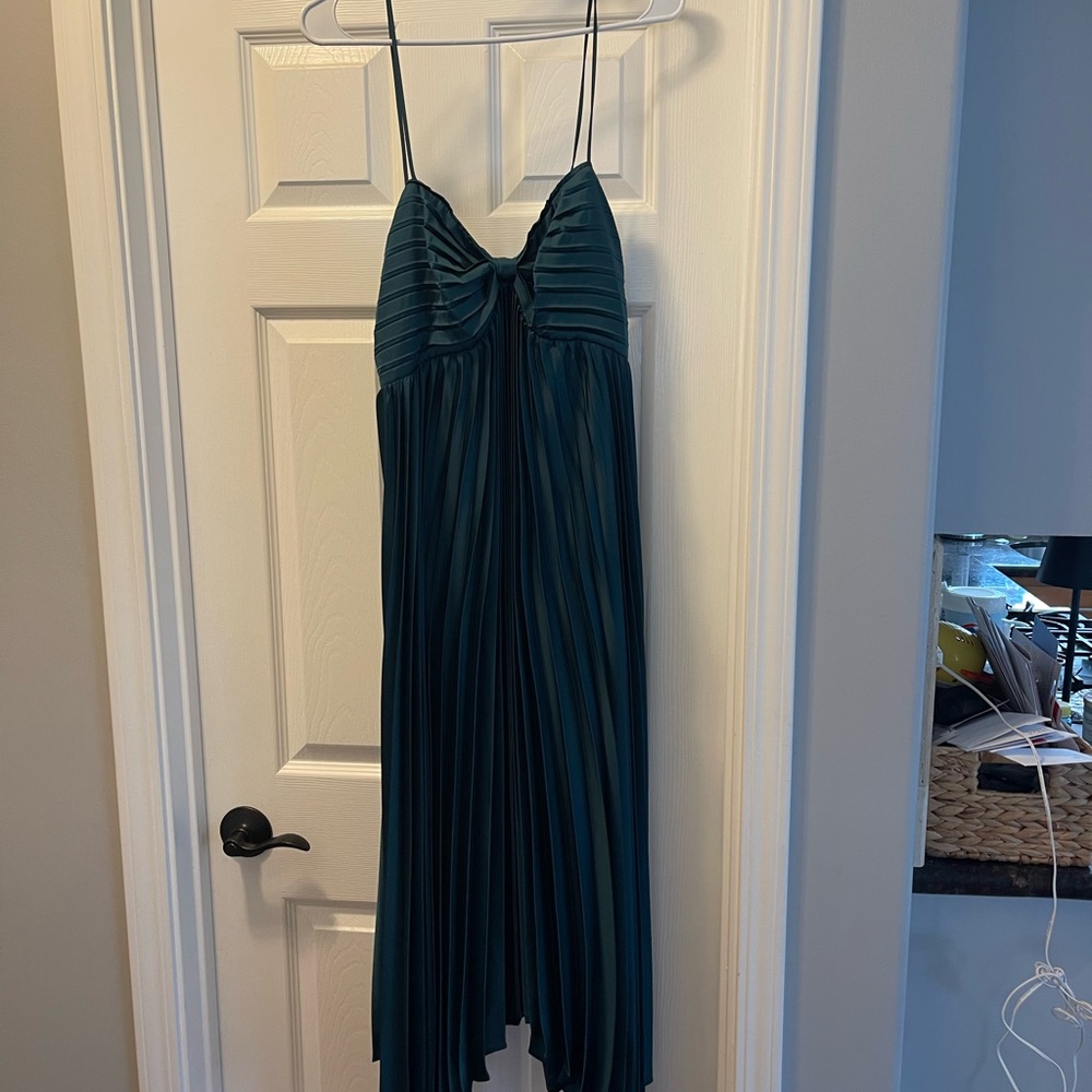 Pleated Spaghetti Strap Midi Dress in Teal - Picture 3 of 12
